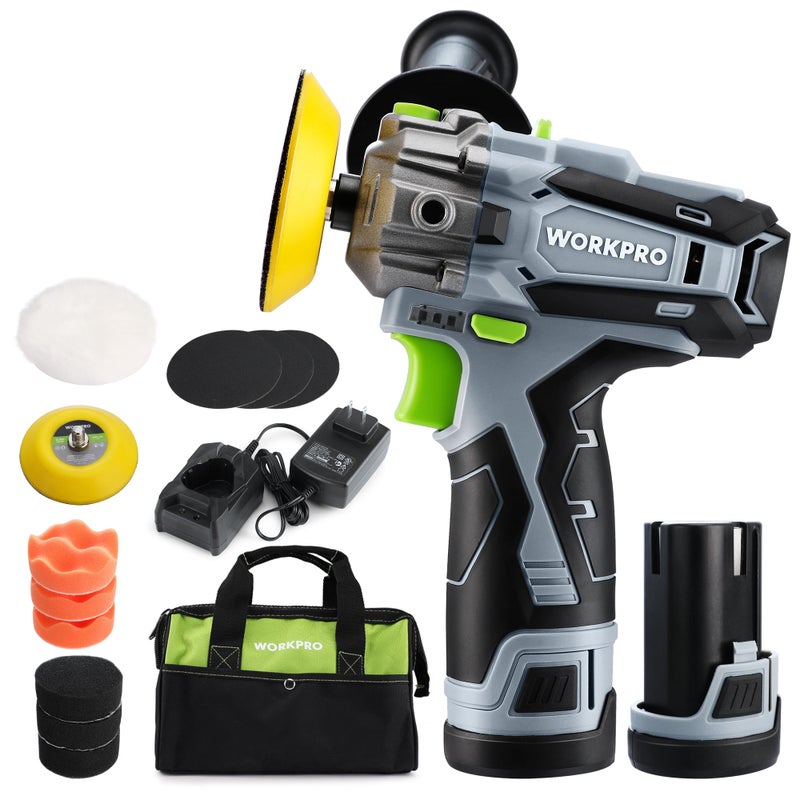 WORKPRO 12V Cordless Polisher, 3" Mini Car Detailing Buffer & Sander Machine Kit with 2 Li-Ion Batteries, Variable Speed Trigger for Auto/DIY Polishing/Sanding/Waxing - Image 1