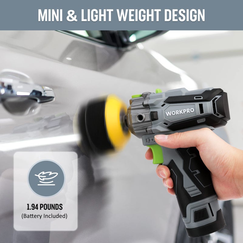 WORKPRO 12V Cordless Polisher, 3" Mini Car Detailing Buffer & Sander Machine Kit with 2 Li-Ion Batteries, Variable Speed Trigger for Auto/DIY Polishing/Sanding/Waxing - Image 3
