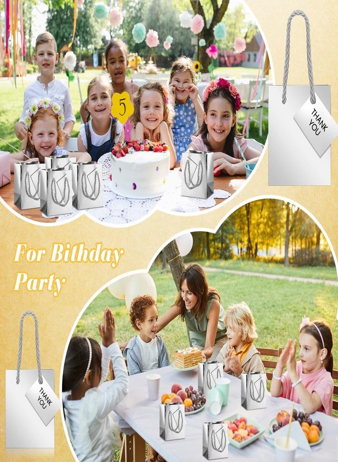 شير أكياس هدايا صغيرة من شير، عبوة من 100 كيس، أكياس ورقية بأبعاد 4 × 2.75 × 4.5 بوصة مع بطاقات، صناديق هدايا ورقية صغيرة جدًا بمقابض لأعياد الميلاد، وتوزيعات الحفلات، وحفلات الزفاف، والمشاريع الصغيرة (فضي) - Image 2