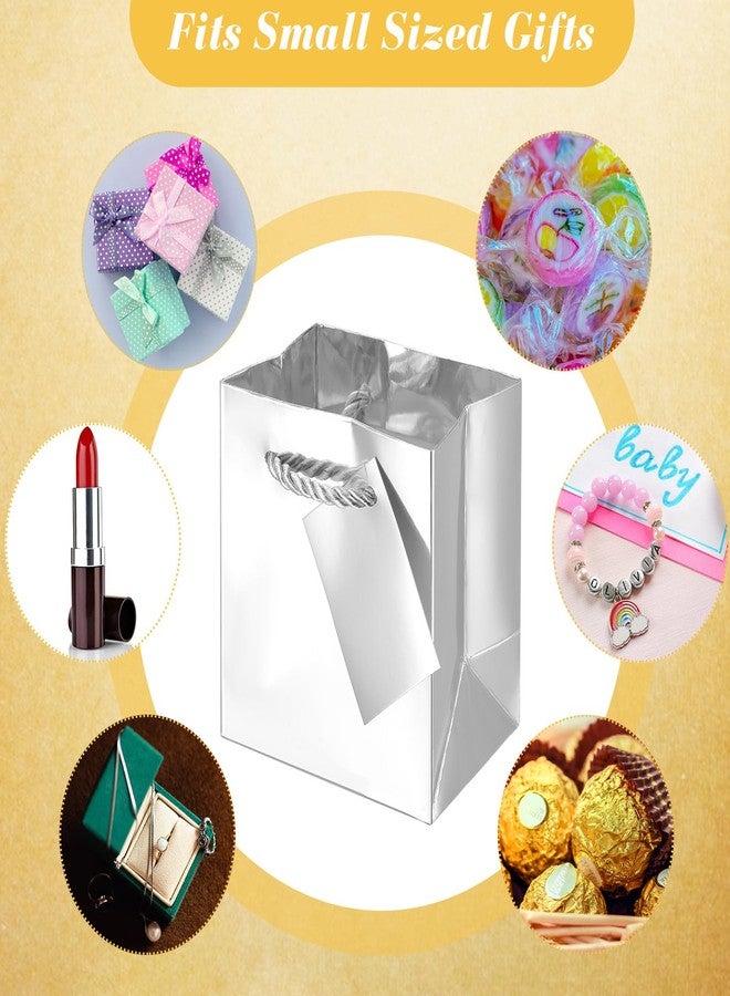 شير أكياس هدايا صغيرة من شير، عبوة من 100 كيس، أكياس ورقية بأبعاد 4 × 2.75 × 4.5 بوصة مع بطاقات، صناديق هدايا ورقية صغيرة جدًا بمقابض لأعياد الميلاد، وتوزيعات الحفلات، وحفلات الزفاف، والمشاريع الصغيرة (فضي) - Image 5