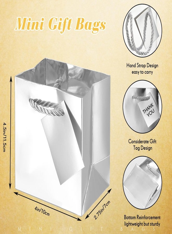 شير أكياس هدايا صغيرة من شير، عبوة من 100 كيس، أكياس ورقية بأبعاد 4 × 2.75 × 4.5 بوصة مع بطاقات، صناديق هدايا ورقية صغيرة جدًا بمقابض لأعياد الميلاد، وتوزيعات الحفلات، وحفلات الزفاف، والمشاريع الصغيرة (فضي) - Image 3
