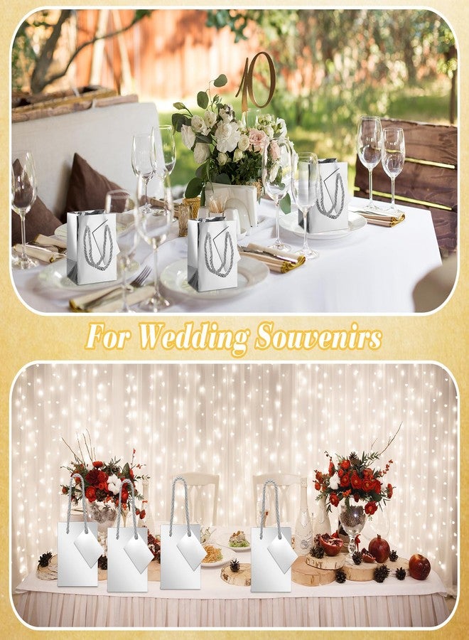 شير أكياس هدايا صغيرة من شير، عبوة من 100 كيس، أكياس ورقية بأبعاد 4 × 2.75 × 4.5 بوصة مع بطاقات، صناديق هدايا ورقية صغيرة جدًا بمقابض لأعياد الميلاد، وتوزيعات الحفلات، وحفلات الزفاف، والمشاريع الصغيرة (فضي) - Image 4