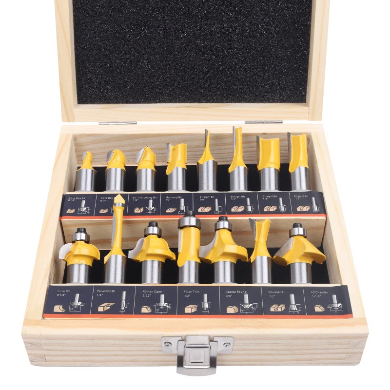 KOWOOD Router Bits Set of 15 Pieces 12 Inch Woodwork Tools for Beginners