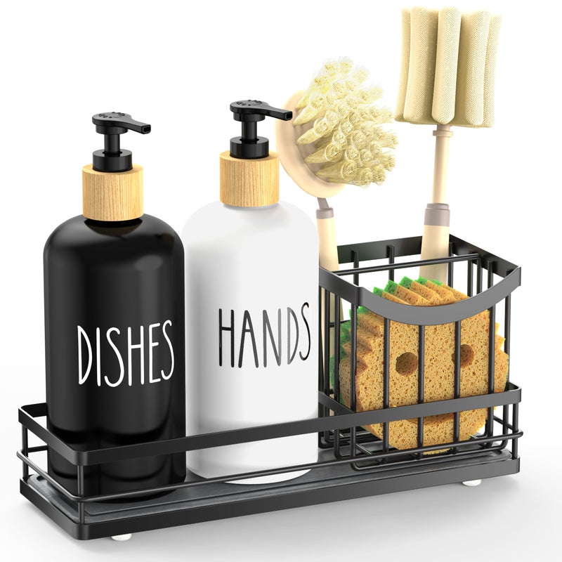 Moforoco Kitchen Dish Soap Dispenser مجموعة 16OZ زجاجة زجاجية لليد وصابون الأطباق مجموعة صينية جافة فورية غير قابلة للانزلاق حامل فرشاة سيليكون مع حامل إسفنجة ديكور المطبخ - Image 2