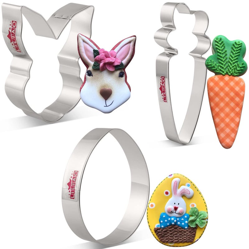 LILIAO Easter Cookie Cutter Set 3pc Egg Bunny Face and Carrot Stainless Steel