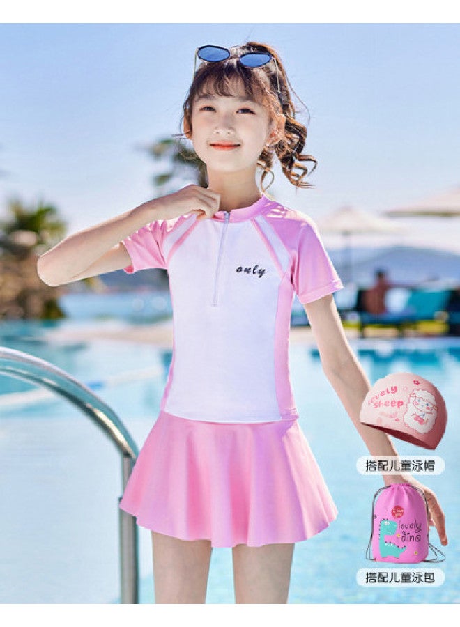 YouYou Children's Swimwear, Girls' Two-piece Swimsuit Dress Style, Medium And Large Kids' Swimwear, Girls' Cute Professional Hot Spring Swimsuit Set - Image 1
