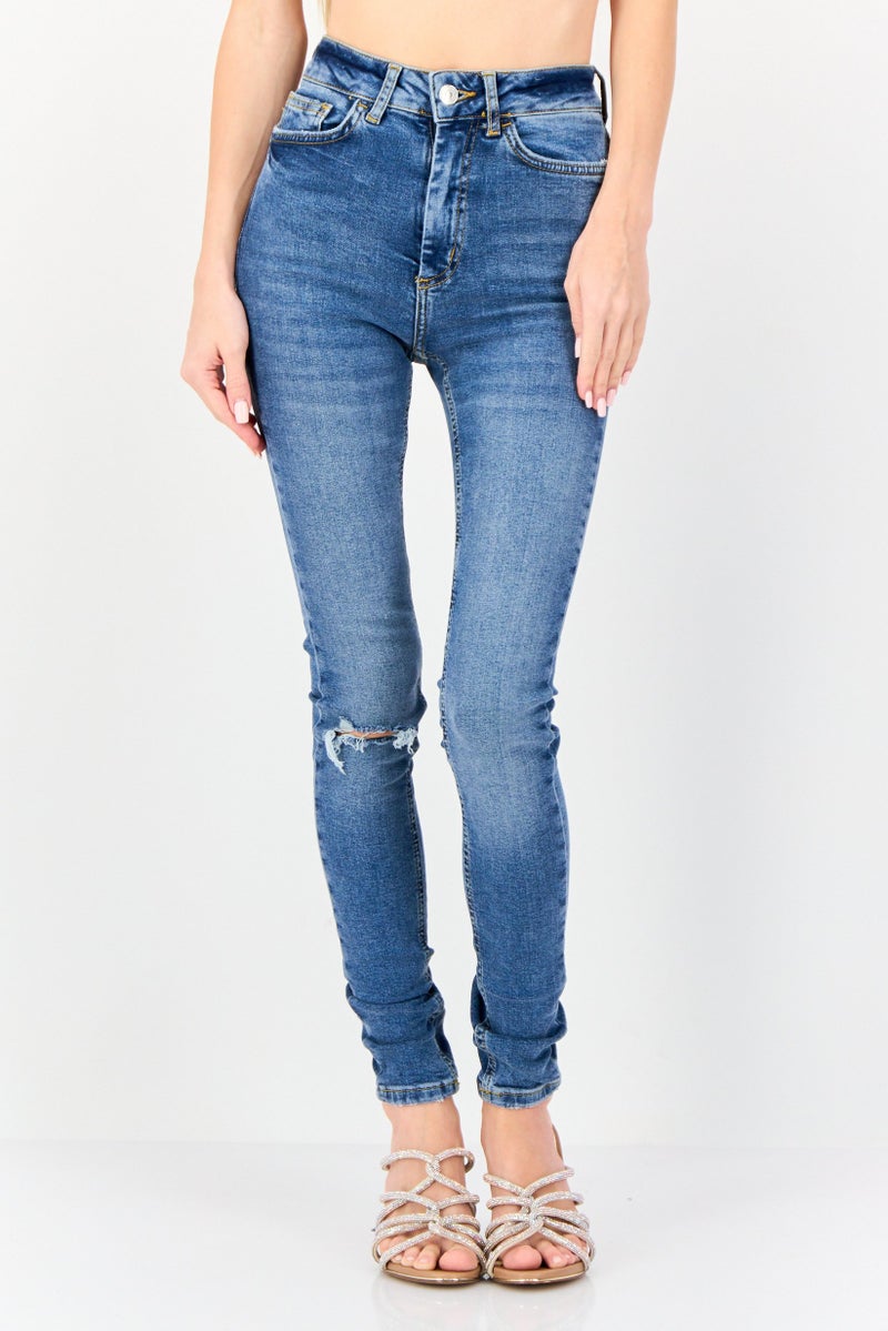 NEW LOOK Women Regular Fit Rip Stretchable Straight Leg Denim, Blue - Image 1