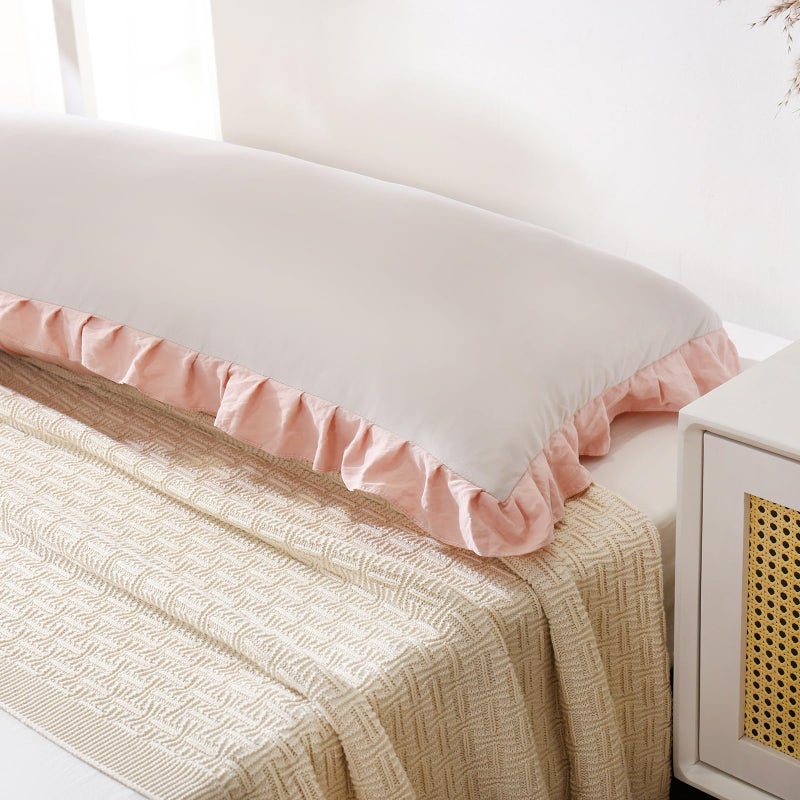Merryword Beige & Pink Reversible Body Pillow - 20x54inches, Ruffled Long Pillowcase (1 Body) - Image 4