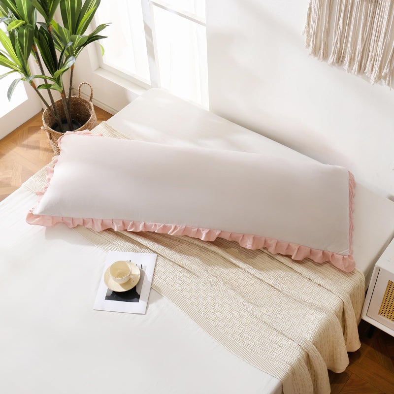 Merryword Beige & Pink Reversible Body Pillow - 20x54inches, Ruffled Long Pillowcase (1 Body) - Image 2
