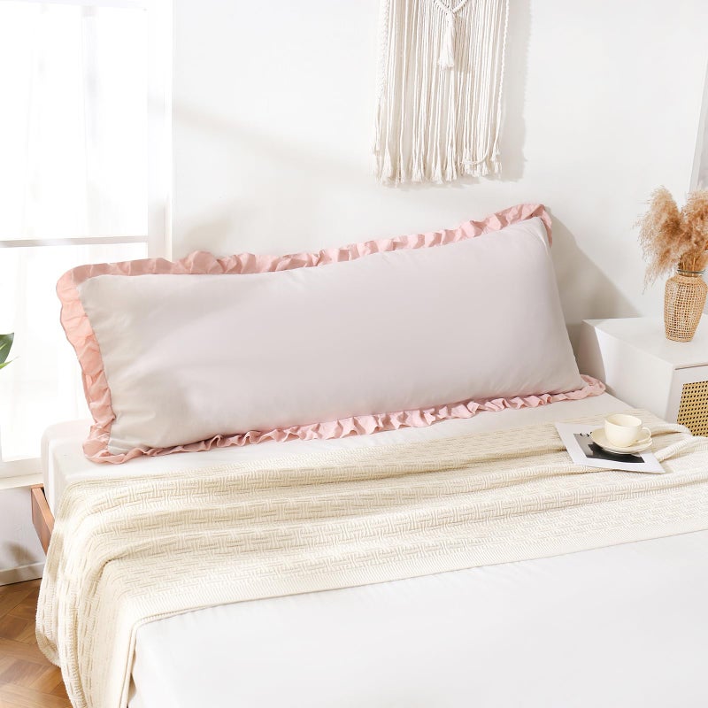 Merryword Beige & Pink Reversible Body Pillow - 20x54inches, Ruffled Long Pillowcase (1 Body) - Image 5
