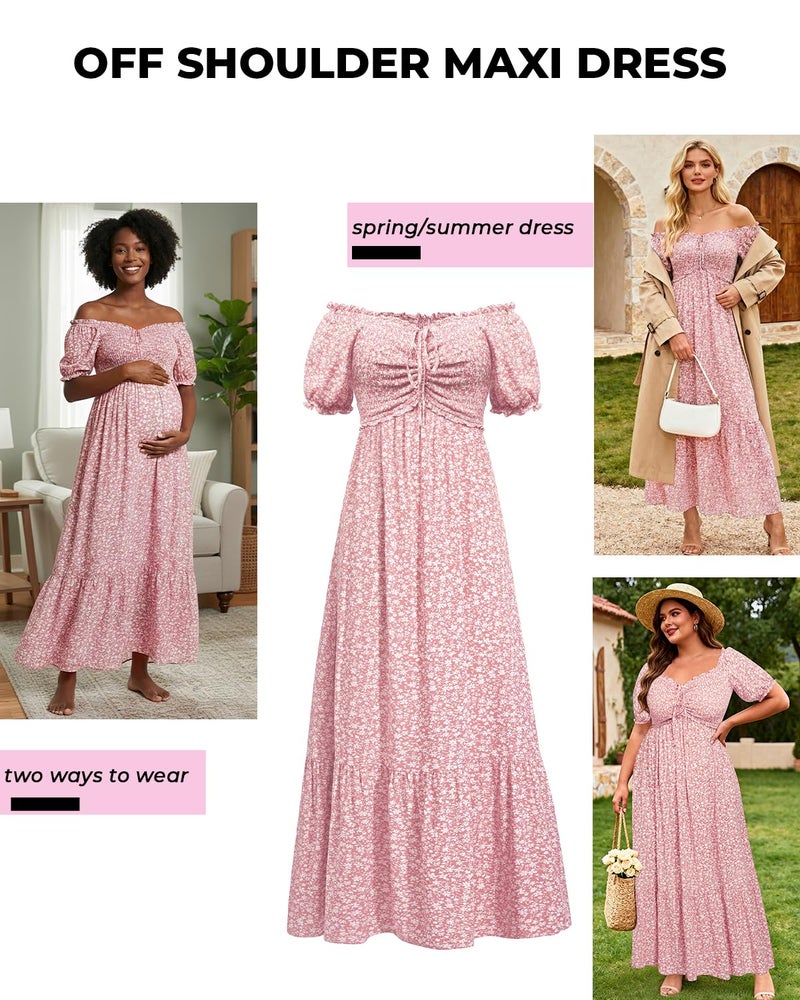 Talisea Floral Dress Summer Spring Off the Shoulder Puff Sleeve A Line Boho Maxi Flow Long Sundress Women Pink Flower - Image 3