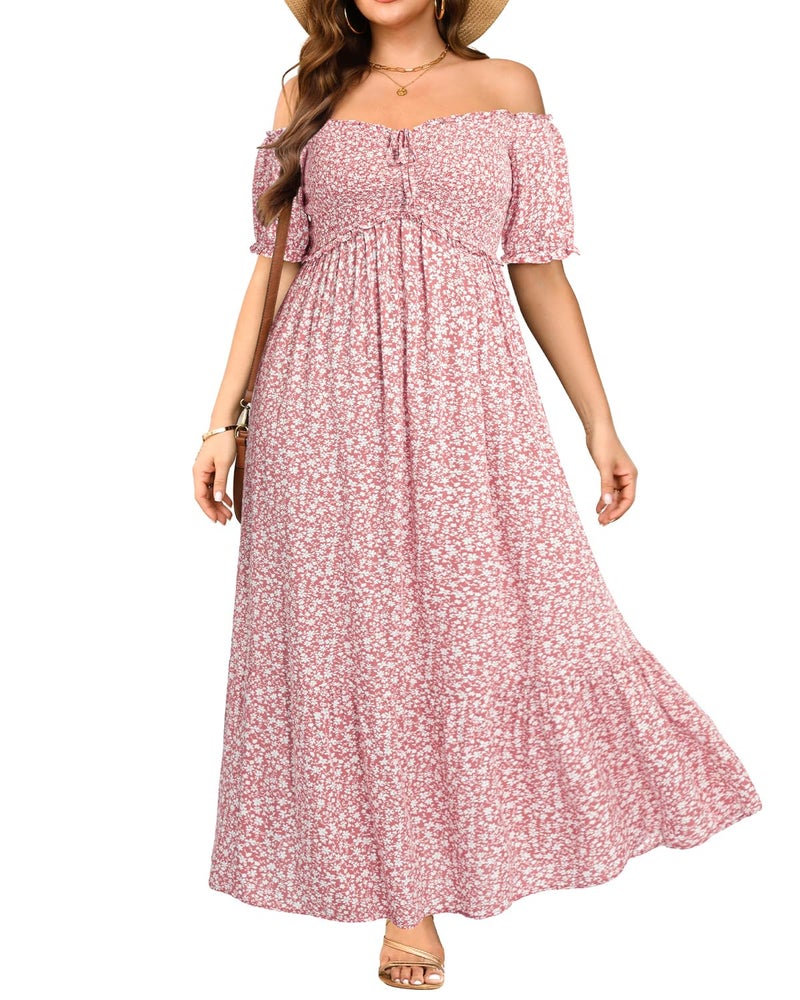 Talisea Floral Dress Summer Spring Off the Shoulder Puff Sleeve A Line Boho Maxi Flow Long Sundress Women Pink Flower - Image 1