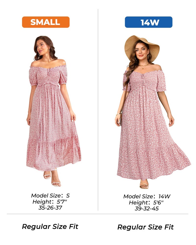 Talisea Floral Dress Summer Spring Off the Shoulder Puff Sleeve A Line Boho Maxi Flow Long Sundress Women Pink Flower - Image 4