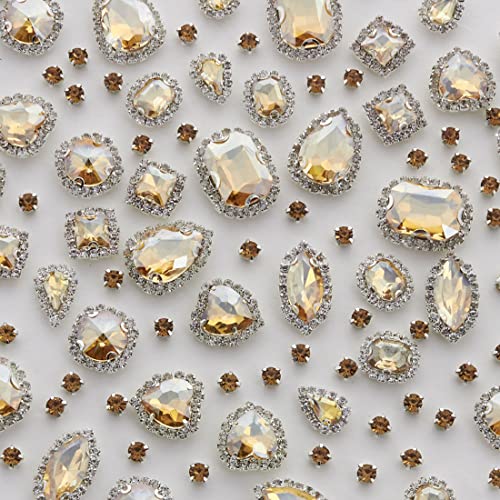 TANOSII Sew on Rhinestones 100 PCS Mixed Shapes Glass Rhinestones Sew on Crystal Gems Mental Flatback with Silver Claw for Jewelry Crafts Clothes Shoes Costume Garment Champagne Type 1 - Image 1