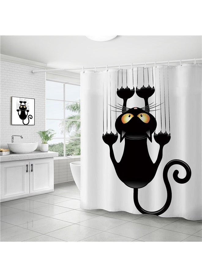 yongsheng Cat Printed Shower Curtain With Hook White/Black/Yellow 150x180cm，Funny Cat Cute Cartoon Kids Shower Curtain Set Children Black White Paw Animal Polyester Waterproof Cloth Bathroom Curtain with 12 Hooks  - Image 3