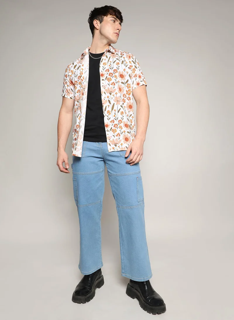 Campus Sutra Men's Orange Flower Shirt