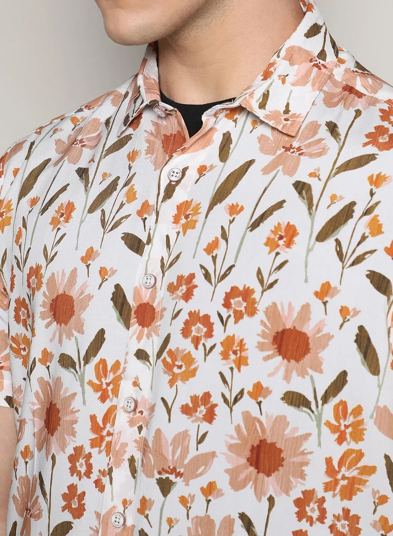 Campus Sutra Men's Orange Flower Shirt
