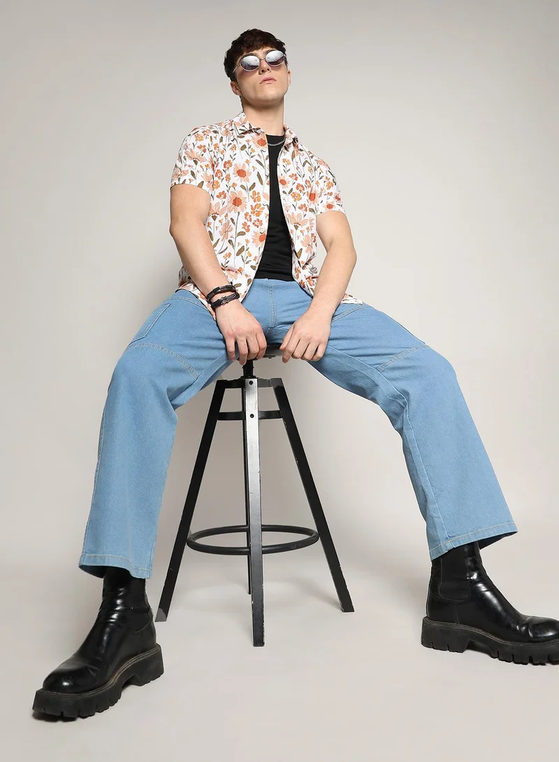 Campus Sutra Men's Orange Flower Shirt