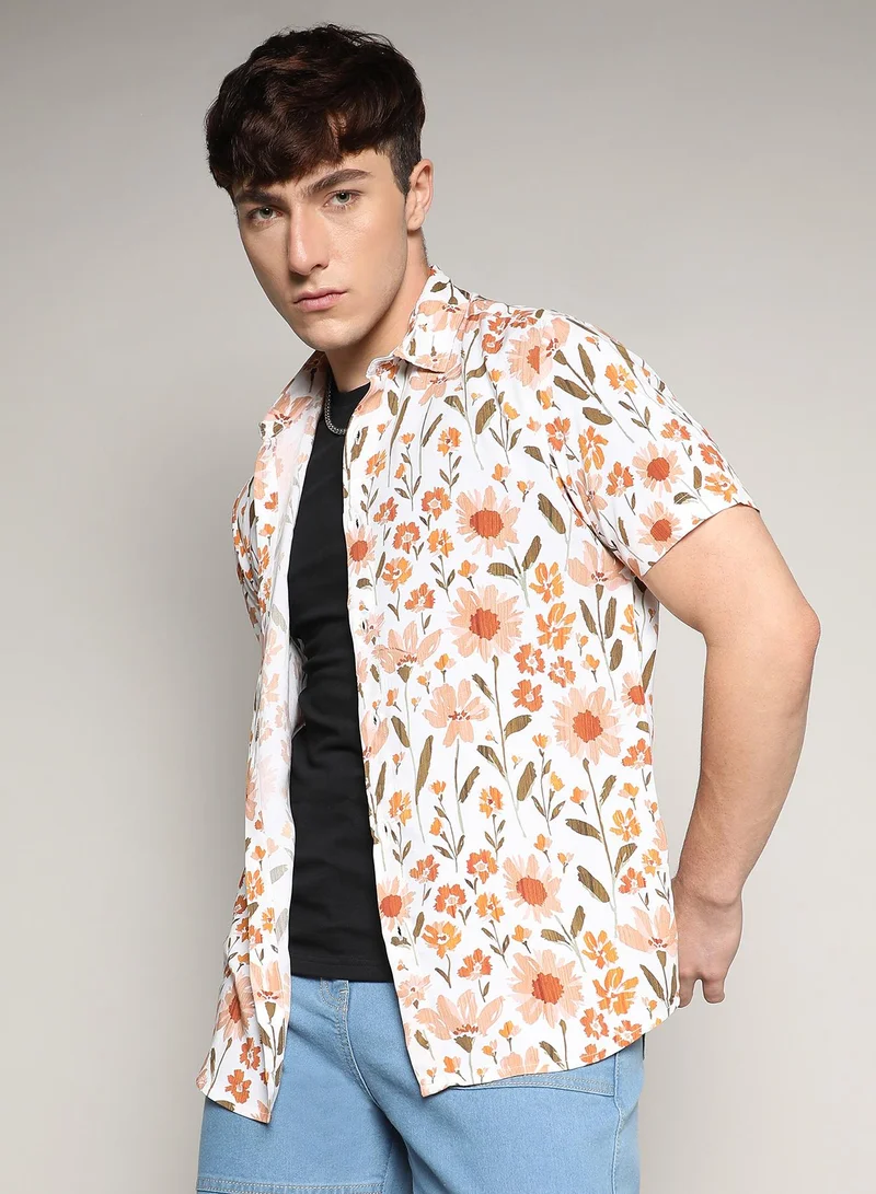 Campus Sutra Men's Orange Flower Shirt