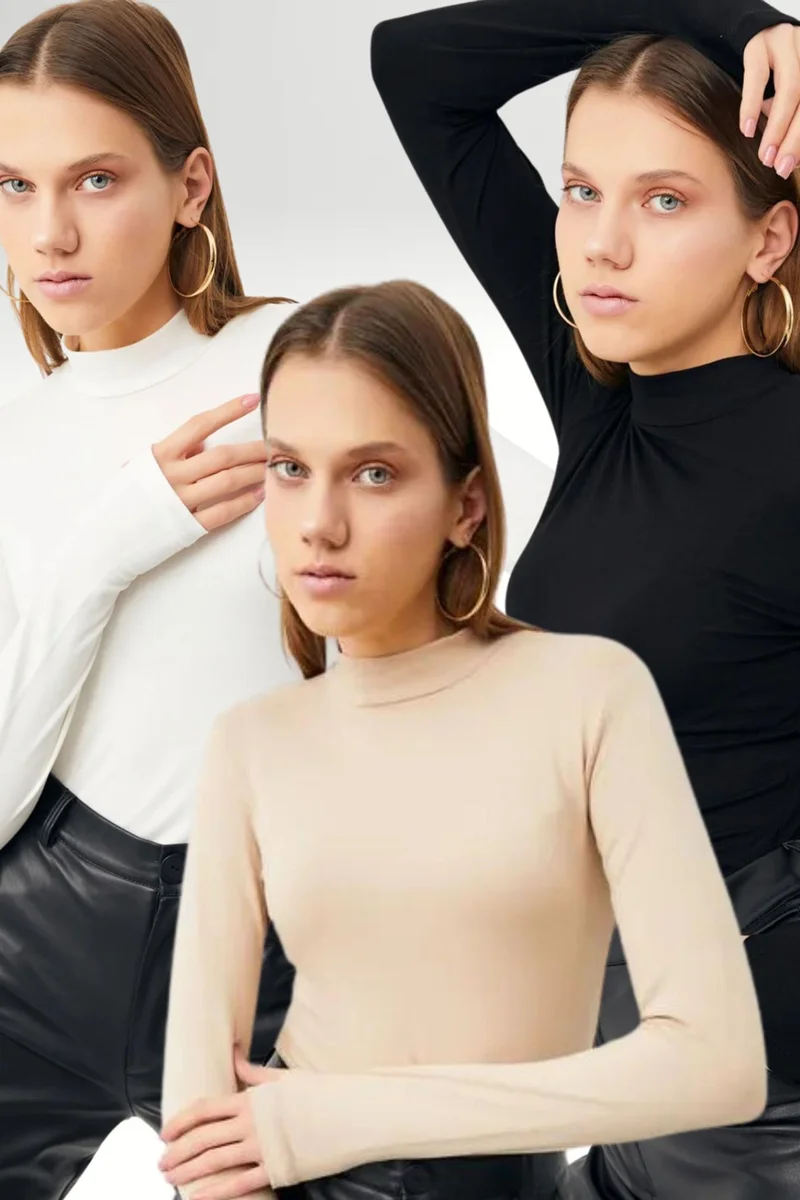 بيبانتولون BIPANTOLON Women's 3-Pack Slim Fit Half Turtleneck Bodysuits