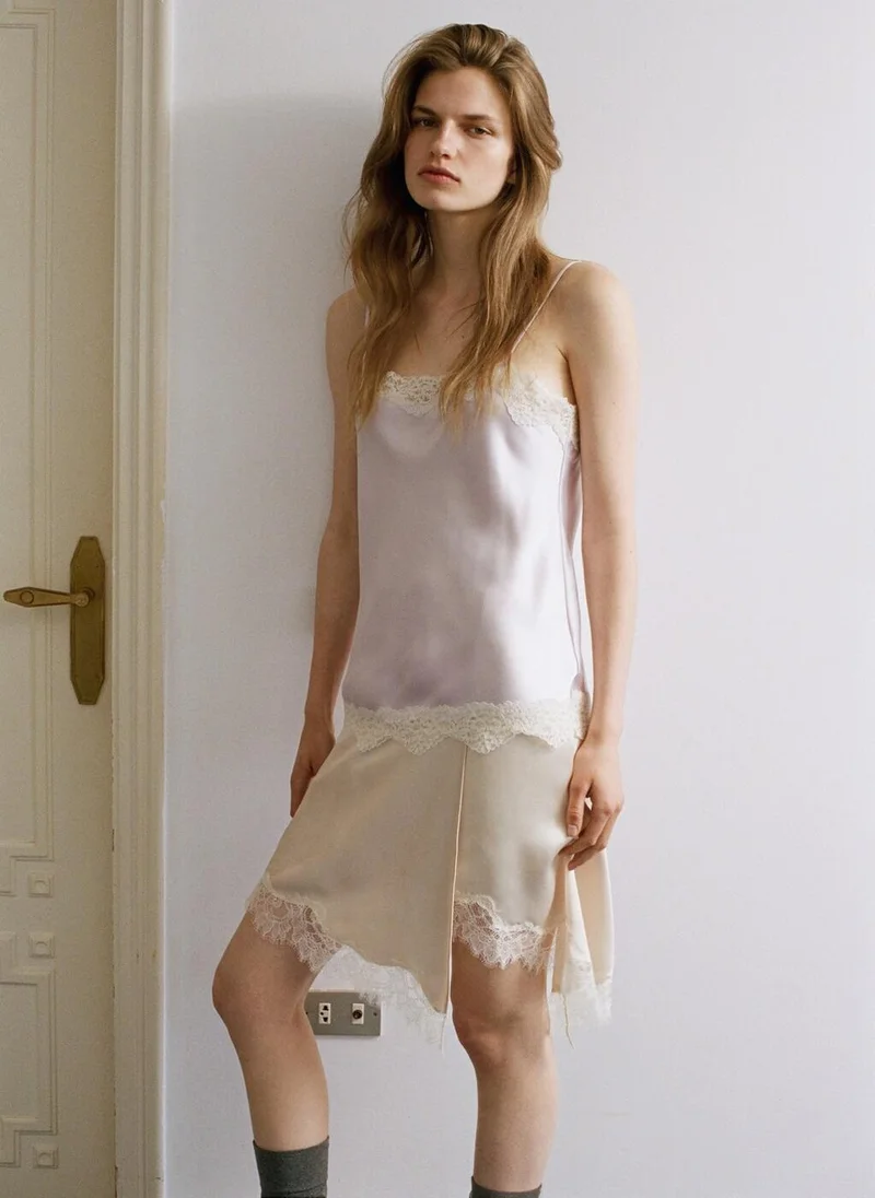 Mango Lace Detail Satin Top