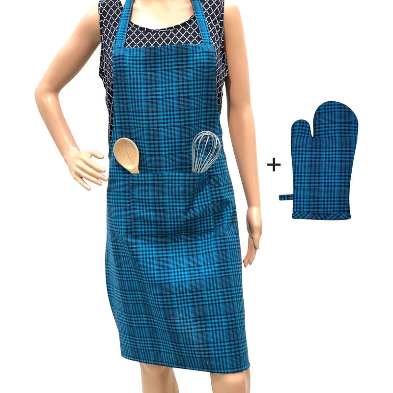 Pixel Home Cotton Apron with Oven Mitt - 100% Cotton Check Kitchen Apron (Blue Pin Stripe) - Image 1