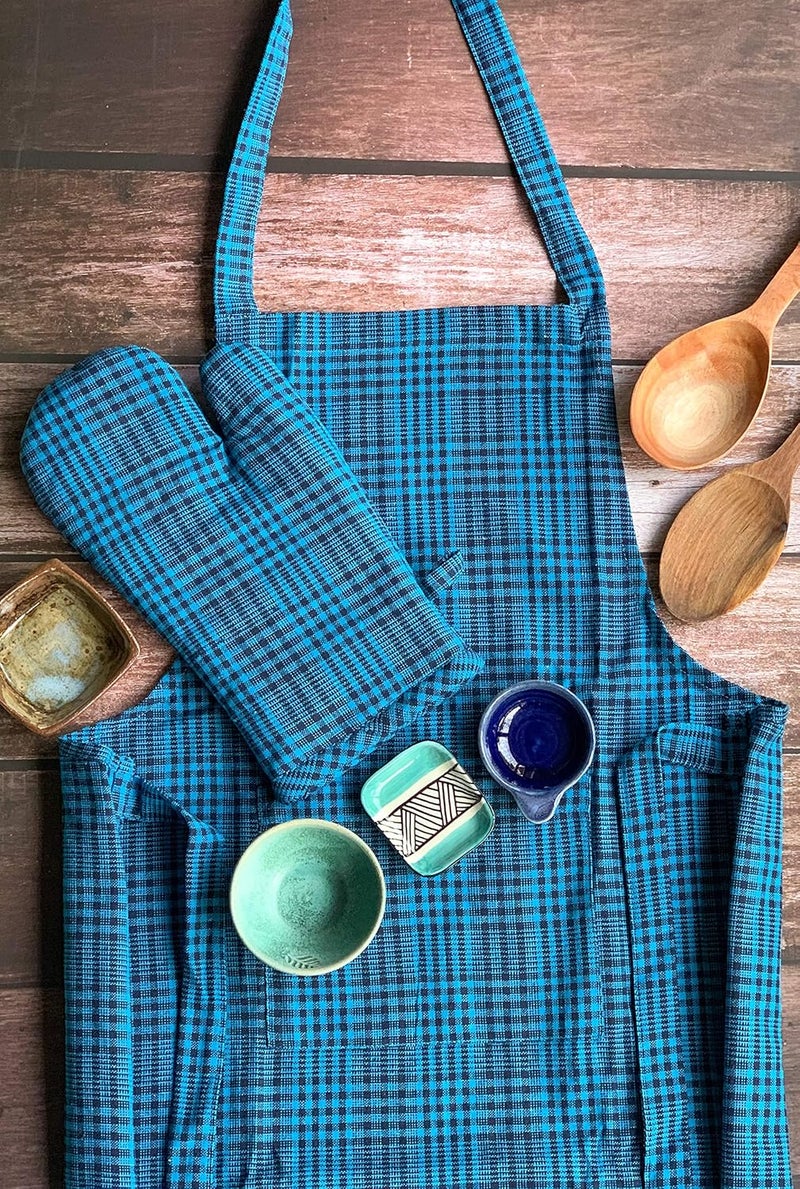 Pixel Home Cotton Apron with Oven Mitt - 100% Cotton Check Kitchen Apron (Blue Pin Stripe) - Image 2