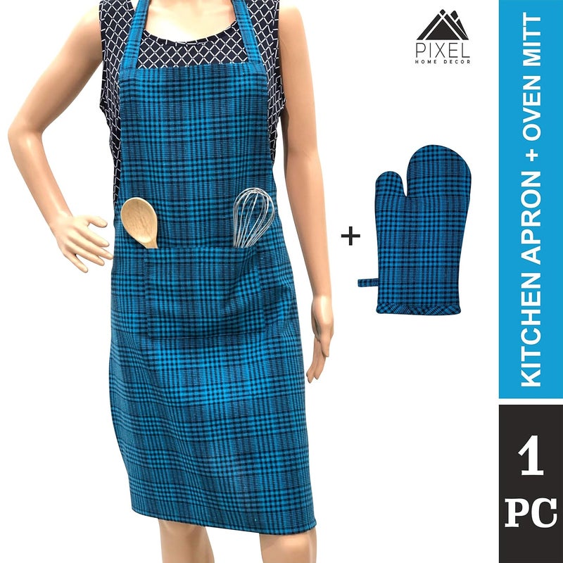 Pixel Home Cotton Apron with Oven Mitt - 100% Cotton Check Kitchen Apron (Blue Pin Stripe) - Image 5