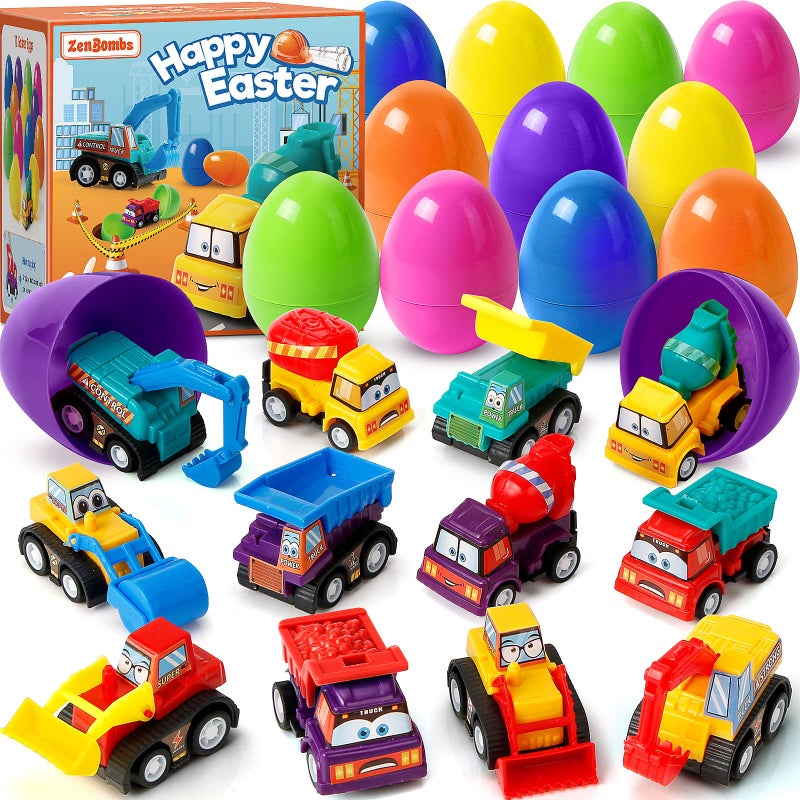ZenBombs 12 Plastic Easter Eggs Filled with Pull-Back Engineering Toys Gift for Easter Egg Hunt, Birthday Party for Kids Over 3 Years Old - Image 1