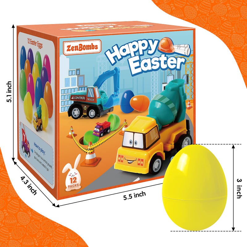 ZenBombs 12 Plastic Easter Eggs Filled with Pull-Back Engineering Toys Gift for Easter Egg Hunt, Birthday Party for Kids Over 3 Years Old - Image 2