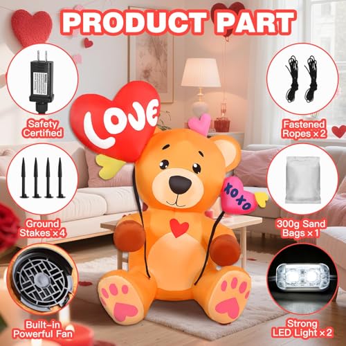 Aotiooy 5 FT Valentines Inflatables Outdoor Decorations, Blow up Valentine's Day Love Bear Yard Decor with Hearts, Built-in LED Lights Valentine Holiday Decorations for Outside Lawn Garden Wedding Indoor - Image 5