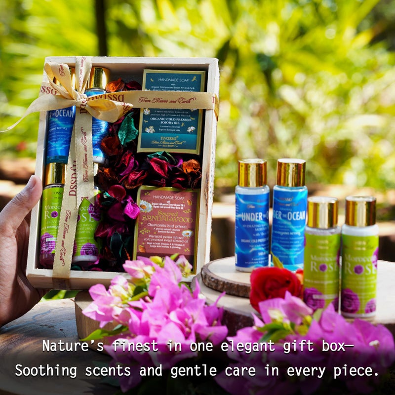 Nyassa Luxury Scented Serenity Wooden Gift Box | Shower gel, Hand & Body Moisturizer, Handmade Soap | Pack of 6 | Men & Women | Pampering Kit for Birthday, Anniversary & Special Occasions |100% Vegan - Image 3