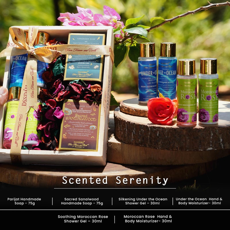 Nyassa Luxury Scented Serenity Wooden Gift Box | Shower gel, Hand & Body Moisturizer, Handmade Soap | Pack of 6 | Men & Women | Pampering Kit for Birthday, Anniversary & Special Occasions |100% Vegan - Image 2