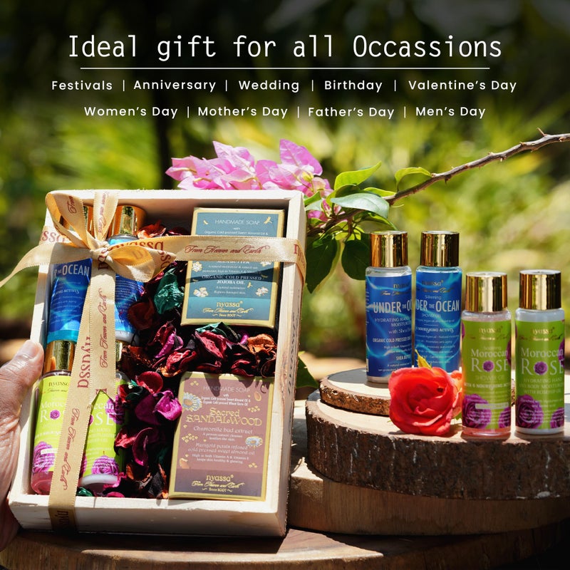 Nyassa Luxury Scented Serenity Wooden Gift Box | Shower gel, Hand & Body Moisturizer, Handmade Soap | Pack of 6 | Men & Women | Pampering Kit for Birthday, Anniversary & Special Occasions |100% Vegan - Image 5