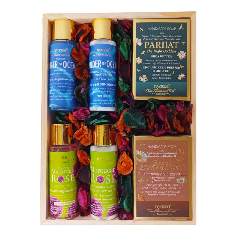 Nyassa Luxury Scented Serenity Wooden Gift Box | Shower gel, Hand & Body Moisturizer, Handmade Soap | Pack of 6 | Men & Women | Pampering Kit for Birthday, Anniversary & Special Occasions |100% Vegan - Image 1
