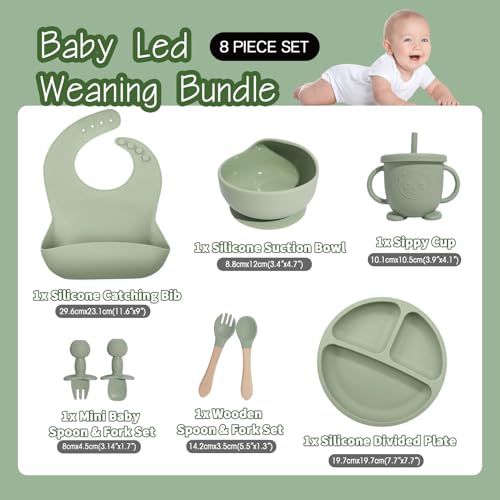 Catvegue Baby Led Weaning Supplies, 8 Piece BPA-Free Silicone Feeding Set, Silicone Suction Bowl, Forks & Spoons, Bib & Cup, Develops Self Feeding Skills, Dishwasher Safe, for 6+ Months (Green) - Image 2