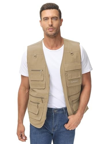 Lentta Men's Fishing Vest Summer Outdoor Work Safari Photo Cargo Vest 14 Pockets(PoplinKhaki-L) - Image 3