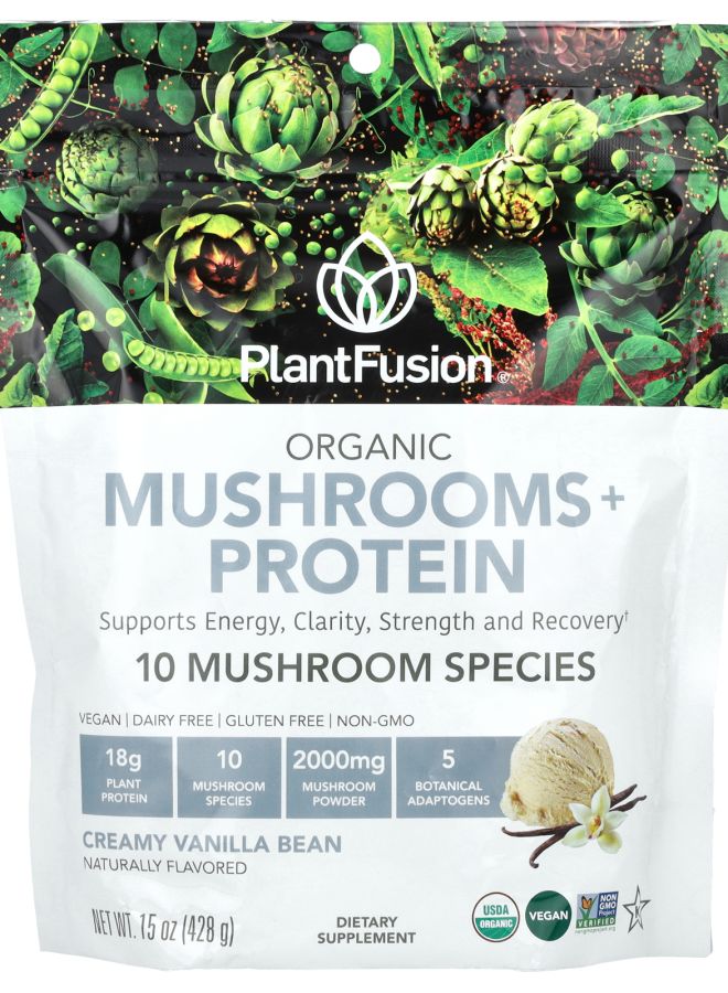 PlantFusion فطر عضوي + بروتين كريمي بنكهة الفانيليا 15 أونصة (428 غ) - Image 1