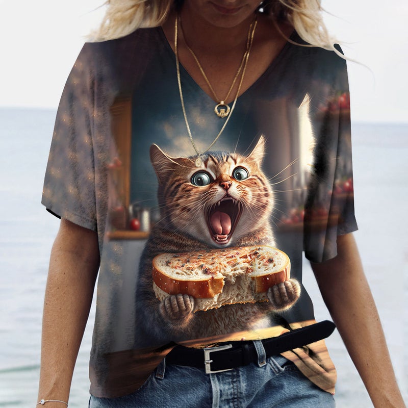Designed Spring and Summer New 3D Printed Pattern Comfortable and Loose V Neck Short-Sleeved Women's T-Shirt Animal Pattern - Image 1