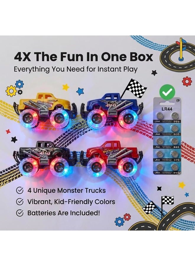 ArtCreativity Light Up Monster Truck Set for Boys and Girls Set Includes 4, 15cm Monster Trucks with Beautiful Flashing LED Tyres - Push n Go Toy Cars Best Gift for Kids - for Ages 3+ - Image 5