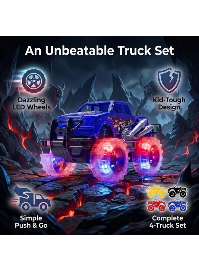 ArtCreativity Light Up Monster Truck Set for Boys and Girls Set Includes 4, 15cm Monster Trucks with Beautiful Flashing LED Tyres - Push n Go Toy Cars Best Gift for Kids - for Ages 3+ - Image 3