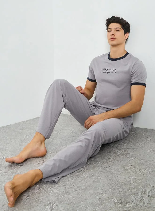 Styli Men Grey Minimal Print T-Shirt and Solid Pyjama Pants Set