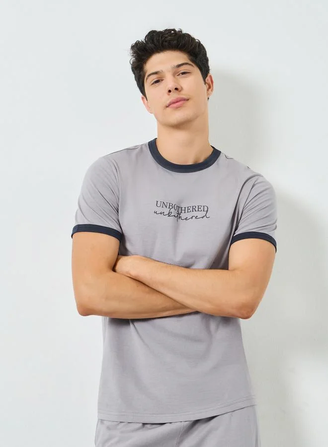 Styli Men Grey Minimal Print T-Shirt and Solid Pyjama Pants Set