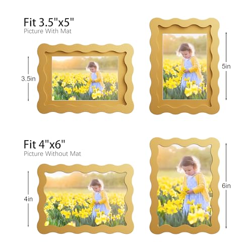 THKRLOF 4x6 Picture Frame with Mat for 3.5x5, Wavy Edge Wooden Real Glass Photo Frame for Tabletop and Wall Hanging, Yellow, 1 Pack - Image 4