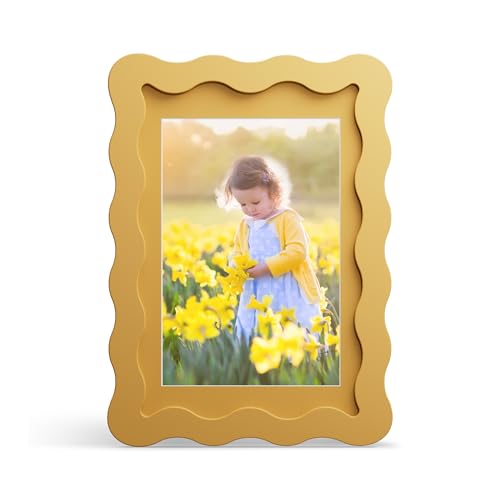 THKRLOF 4x6 Picture Frame with Mat for 3.5x5, Wavy Edge Wooden Real Glass Photo Frame for Tabletop and Wall Hanging, Yellow, 1 Pack - Image 1