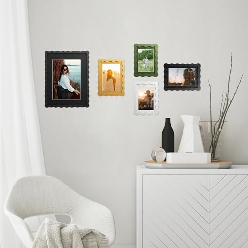 THKRLOF 4x6 Picture Frame with Mat for 3.5x5, Wavy Edge Wooden Real Glass Photo Frame for Tabletop and Wall Hanging, Yellow, 1 Pack - Image 3