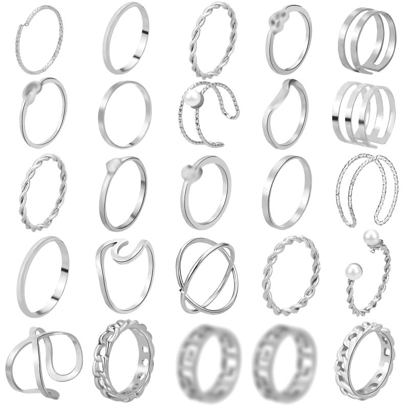 ONESING 25 Pcs Knuckle Rings for Women Stackable Rings Set Vintage Joint Rings Carved Flowers Silver - Image 1