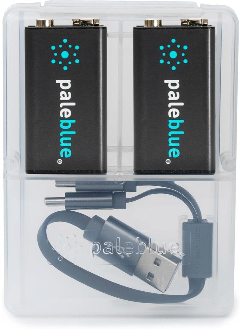 paleblue 9V Rechargeable Li-Ion Batteries (2-Pack) with USB-A to USB-C Cable; 4500mWh/500mAh, Fast Charging Under 3 Hours, 1000+ Cycles, LED Charge Indicator, High-Capacity Lithium Batteries, No External Charger Needed - Image 1