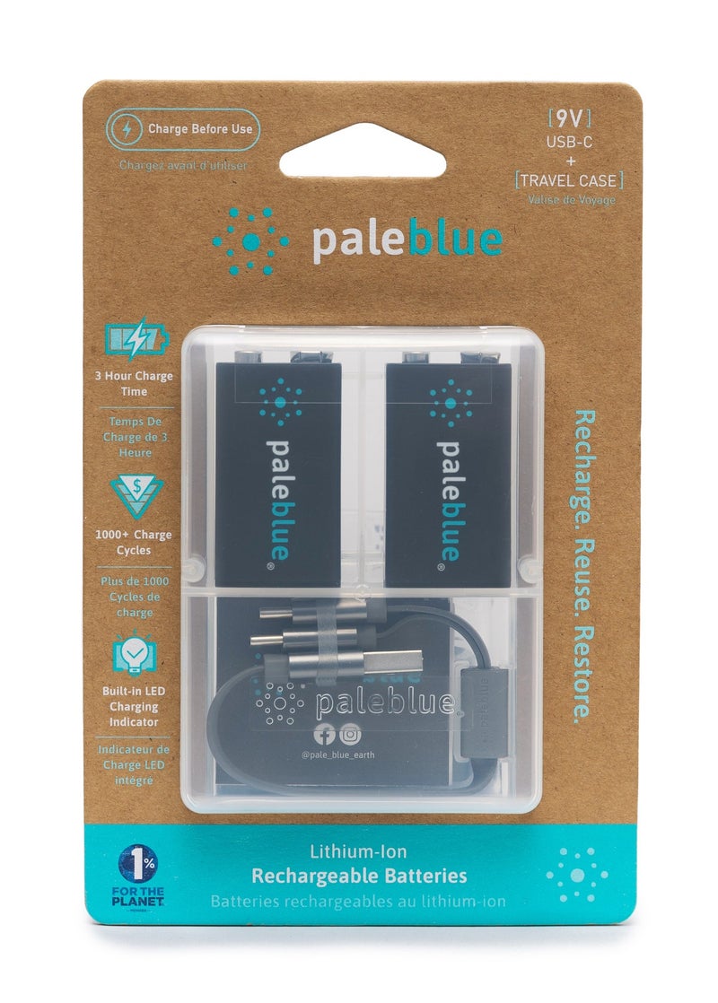 paleblue 9V Rechargeable Li-Ion Batteries (2-Pack) with USB-A to USB-C Cable; 4500mWh/500mAh, Fast Charging Under 3 Hours, 1000+ Cycles, LED Charge Indicator, High-Capacity Lithium Batteries, No External Charger Needed - Image 3