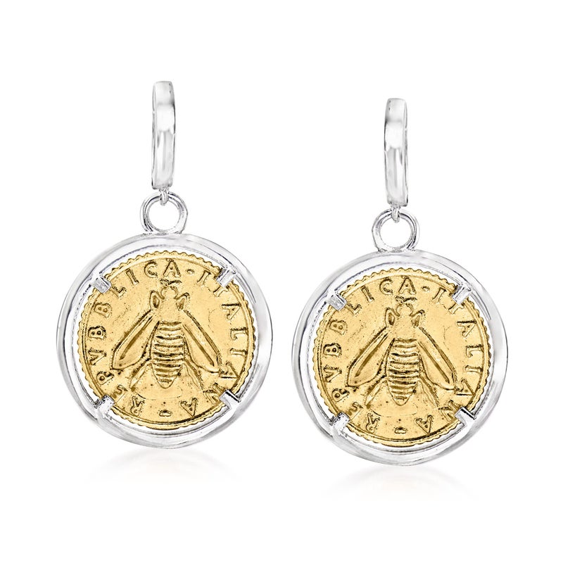 Ross-Simons Italian Replica Lira Bee Coin Drop Earrings in Sterling Silver and 18kt Gold Over Sterling - Image 1